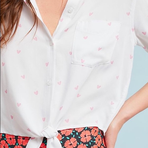 Anthropologie Tops - 💕 Tie Front Button Up with Pink Heart Print